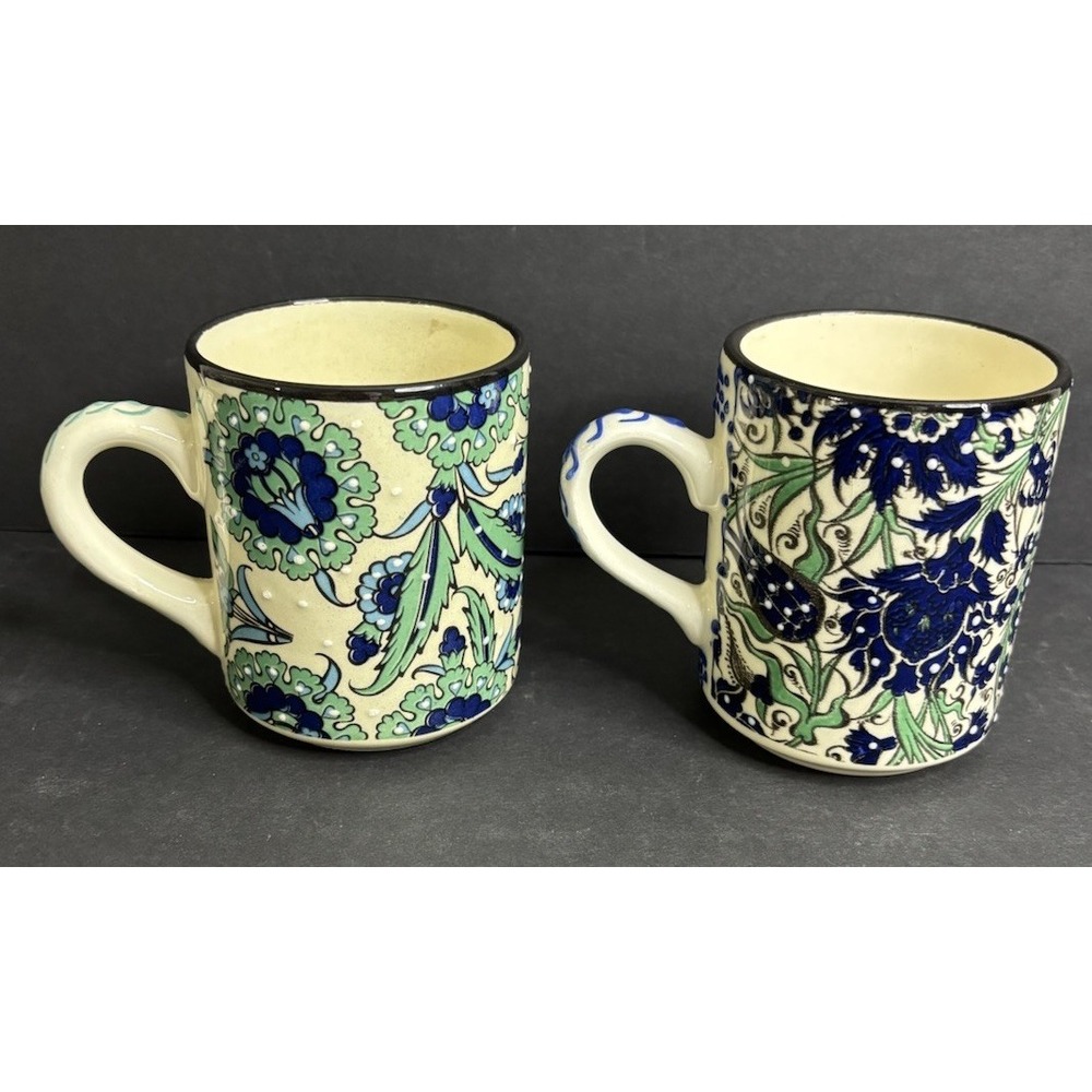 2 Nakkas Mugs Ceramic Hand Painted In Turkey Blue Green Floral Decorative